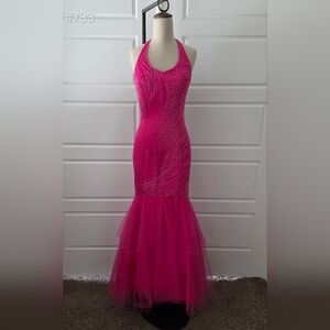 Halter Fuchsia Pink Beaded Mermaid Prom Dress